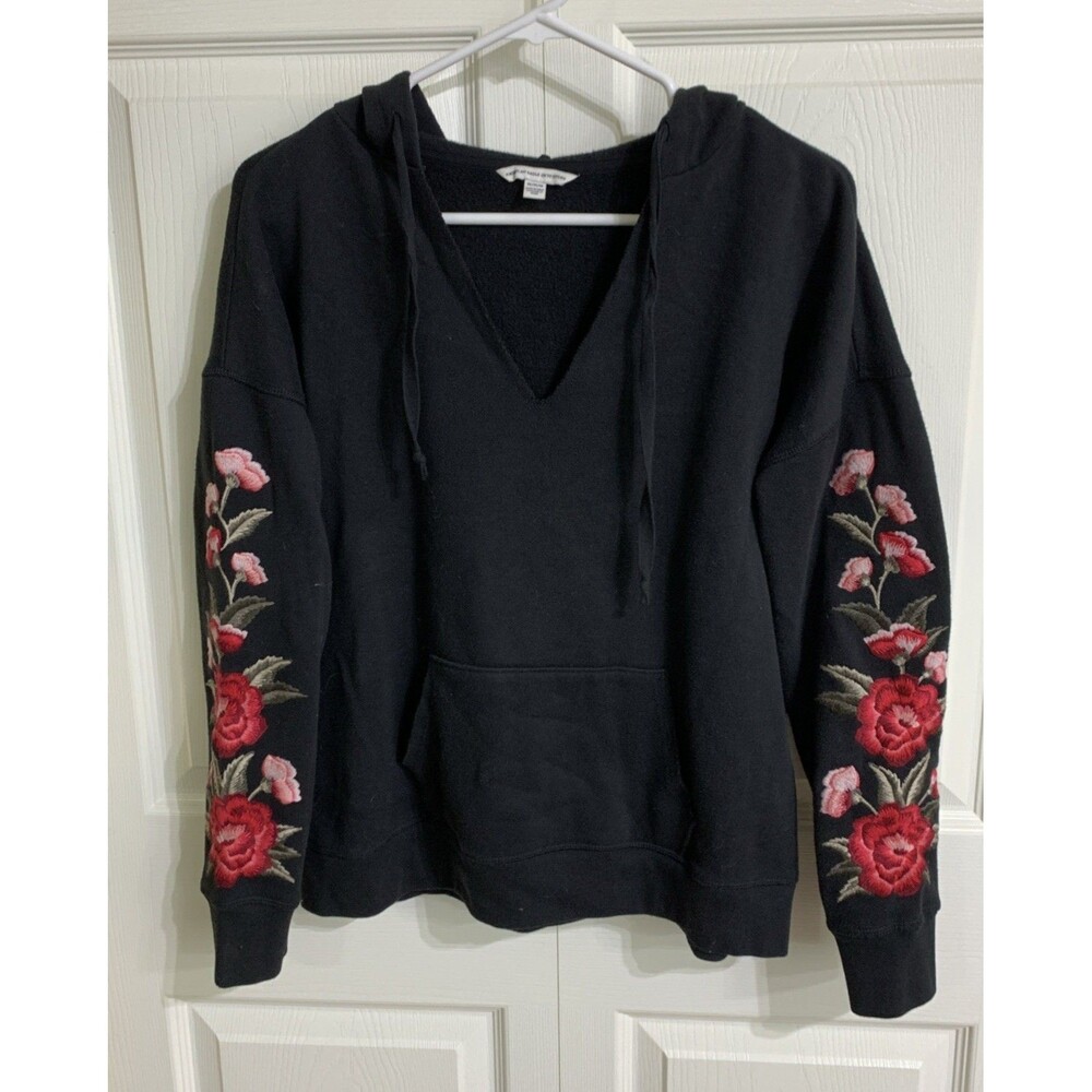 American Eagle Outfitters Black Hoodie with Red Floral Sleeve Embroidery
